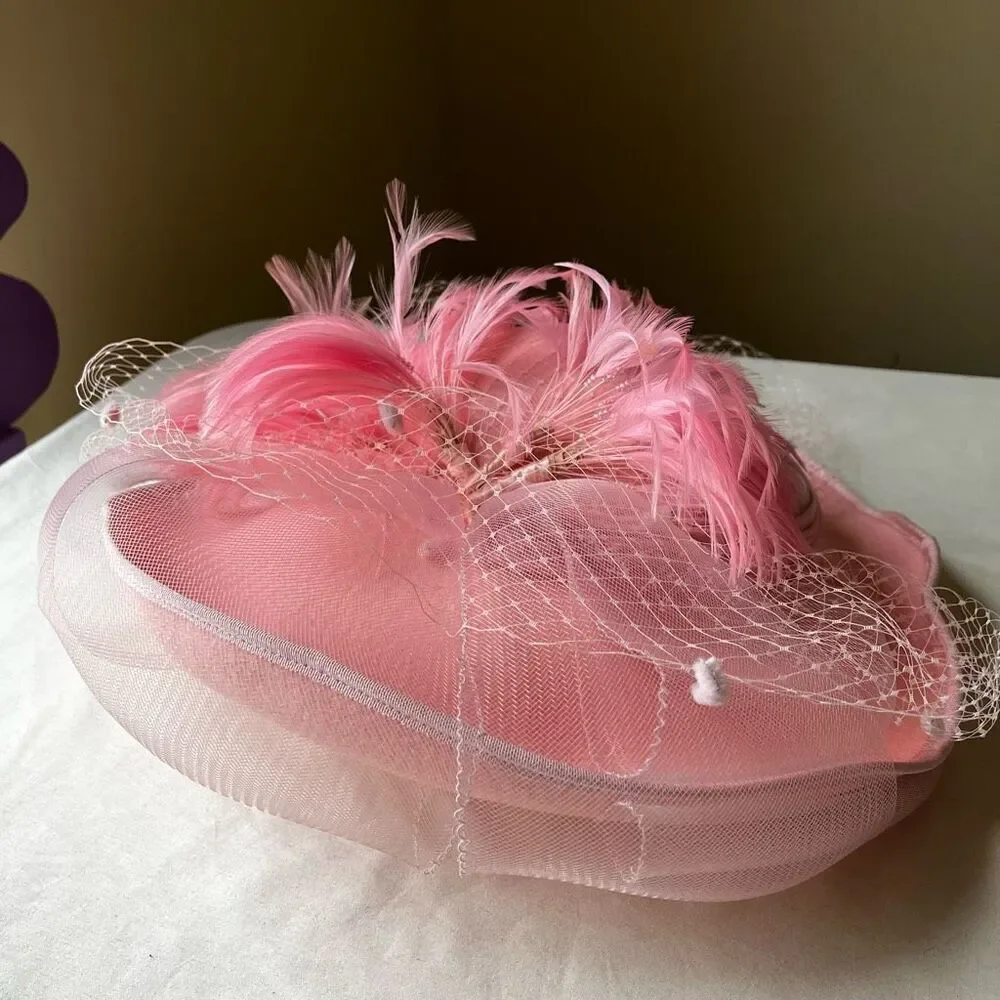Vintage Pink Feathered Veiled Pillbox Hat - Picture 5 of 10